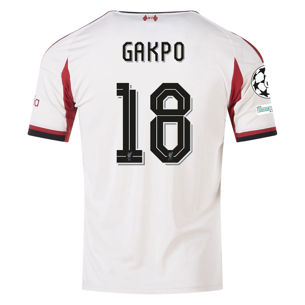 adidas Men's Liverpool Cody Gakpo Away Jersey w/ Champions League Patches 25/26 (Wonder White)