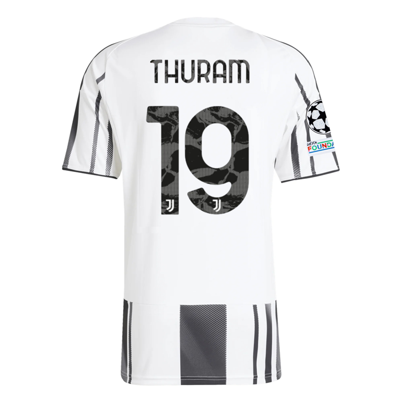 adidas Juventus Thuram Home Jersey w/ Champions League Patches 25/26 (White/Black/Pink)
