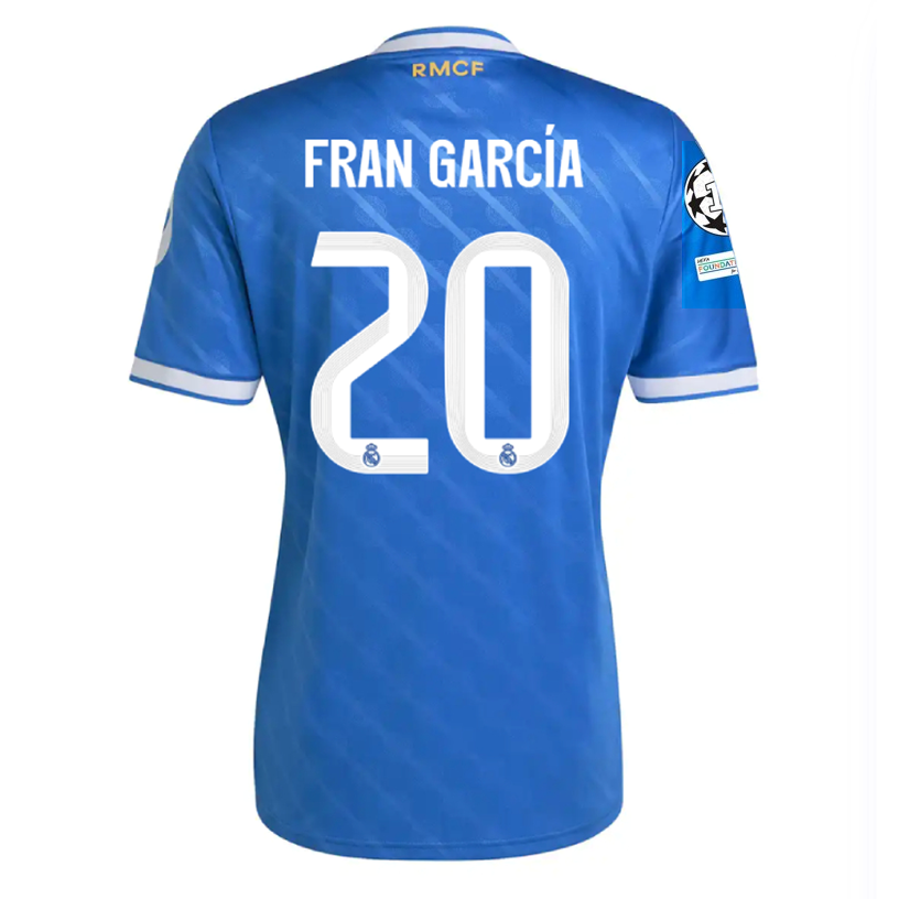 adidas Fran Garcia Men's Real Madrid Third Jersey 25/26 w/ Champions League Patches (Blue/White)