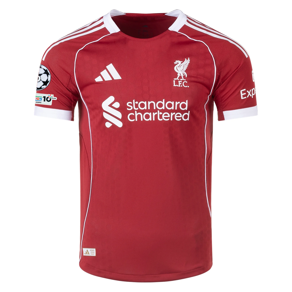 adidas Men's Liverpool FC Authentic Mohamed Salah Home Jersey 25/26 w/ Champions League Patches (Strawberry Red)