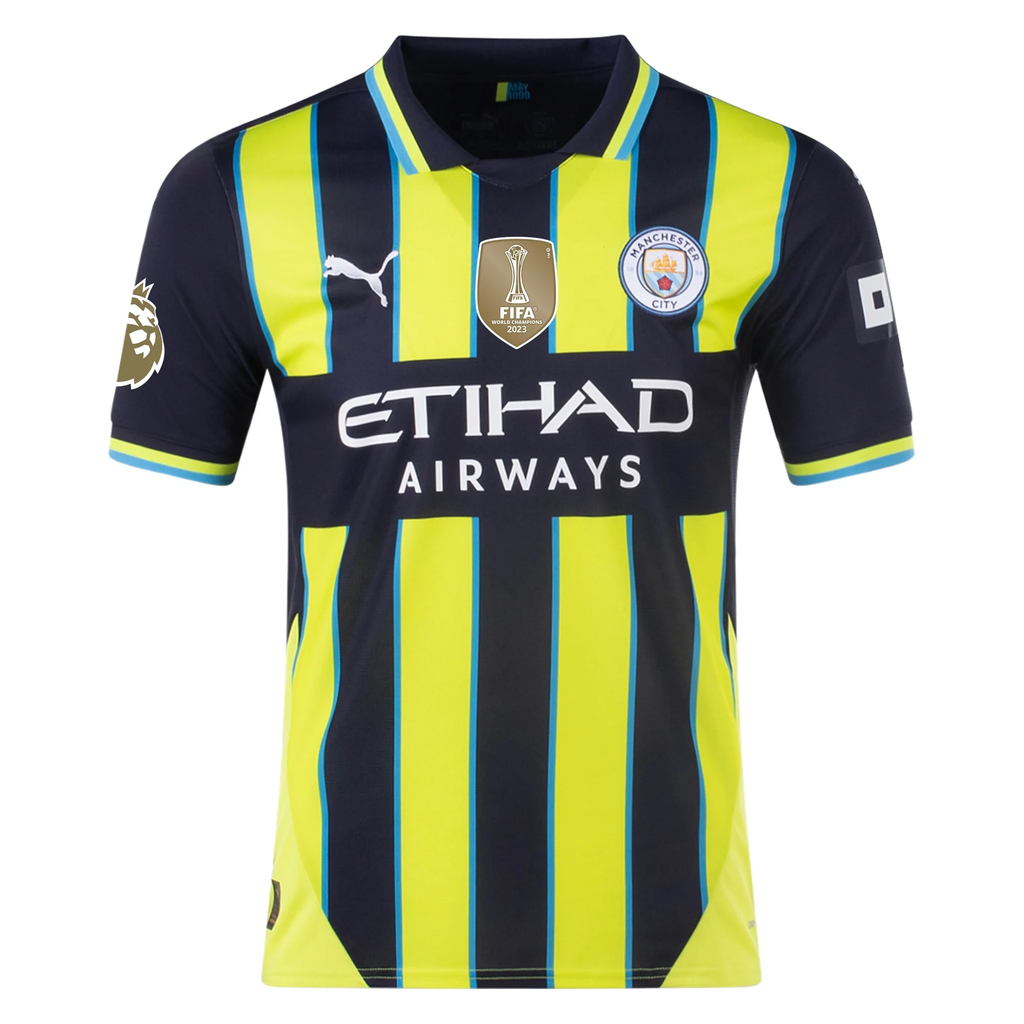 Puma Manchester City JÃ©rÃ©my Doku Away Jersey w/ EPL + Club World Cup Patch 24/25 (New Navy/Yellow Glow)