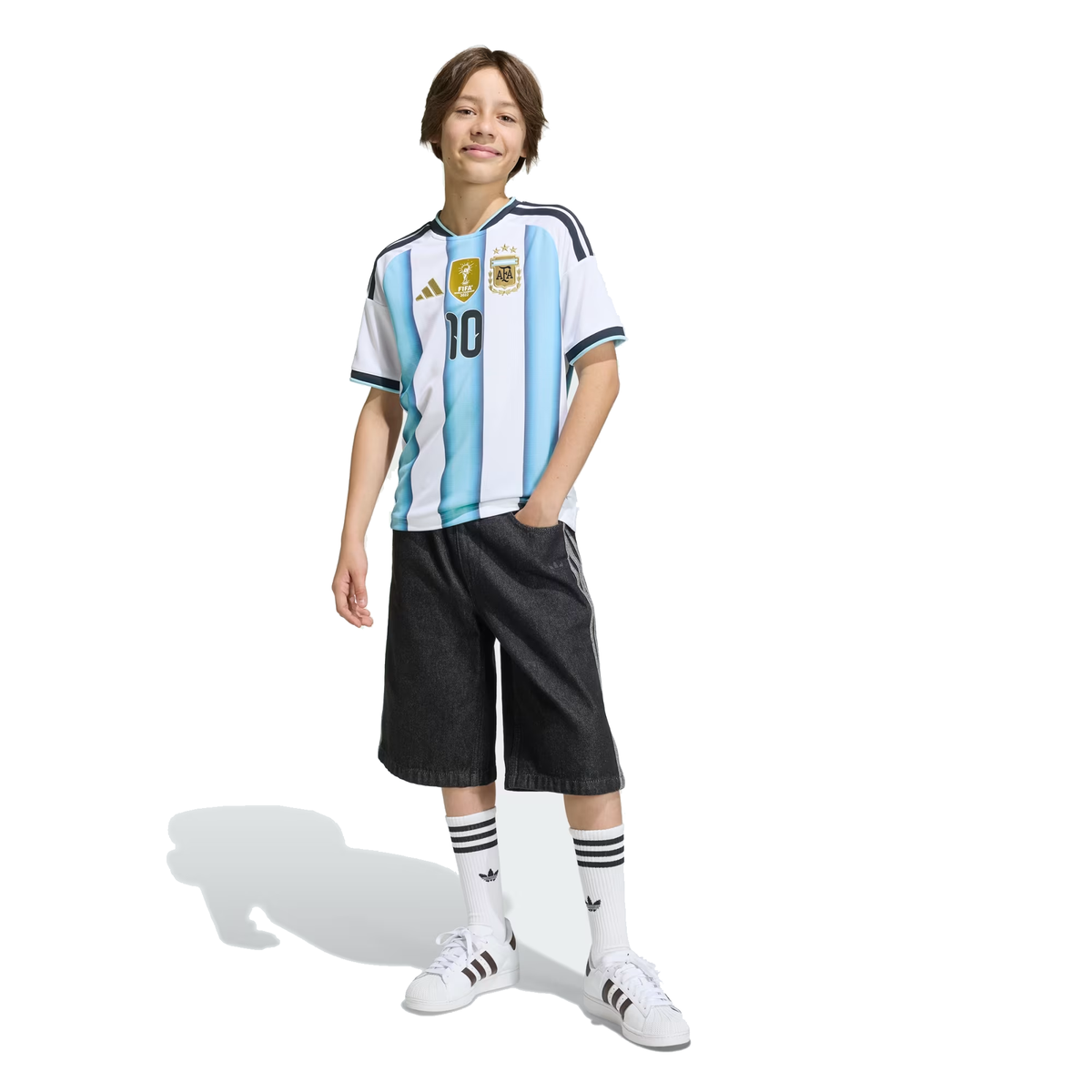 adidas Youth Argentina Lionel Messi Home Jersey w/ World Cup Champion Patch 2026 (White/Icey Blue)